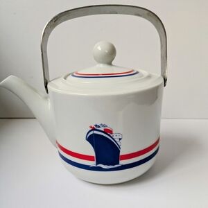 Vintage Nautical Teapot Sturdy Ceramic Pottery Ship Moveable Silver Metal Handle